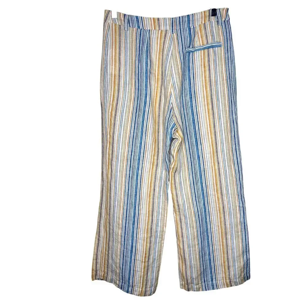 Reformation Tahiti Linen Pants Marbella Stripe High Rise Cropped 8 Blue Orange